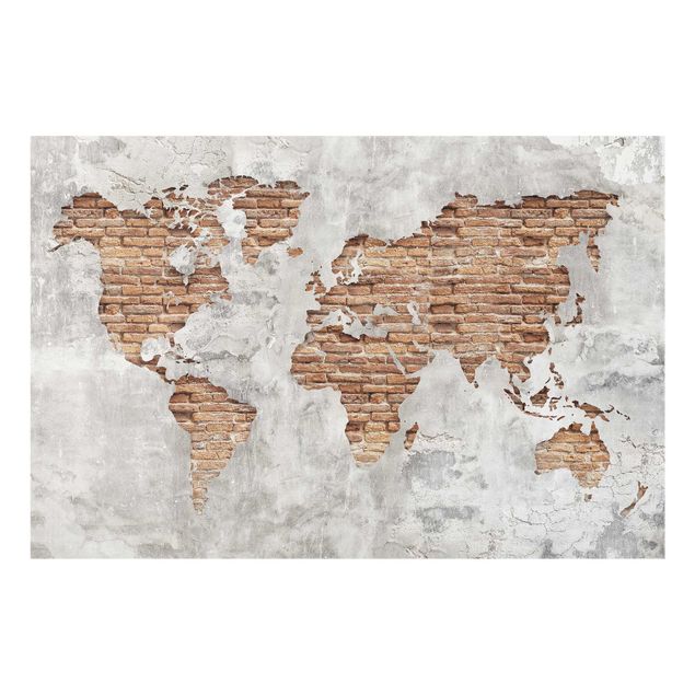Tableau décoration Carte du Monde en Brique de Béton Shabby