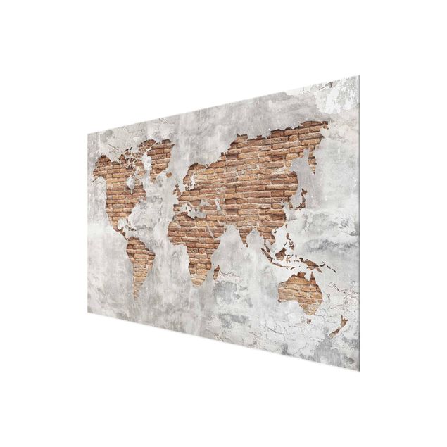 Tableaux en verre magnétique Carte du Monde en Brique de Béton Shabby