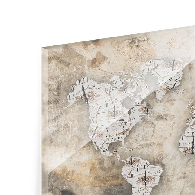 Tableau en verre - Shabby Clocks World Map