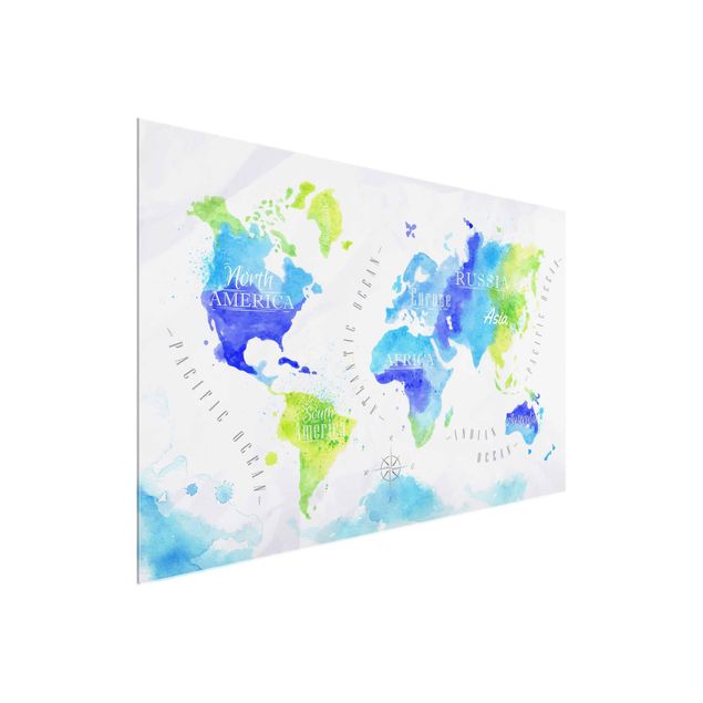 Tableau de ville Carte du Monde Aquarelle Bleu Vert