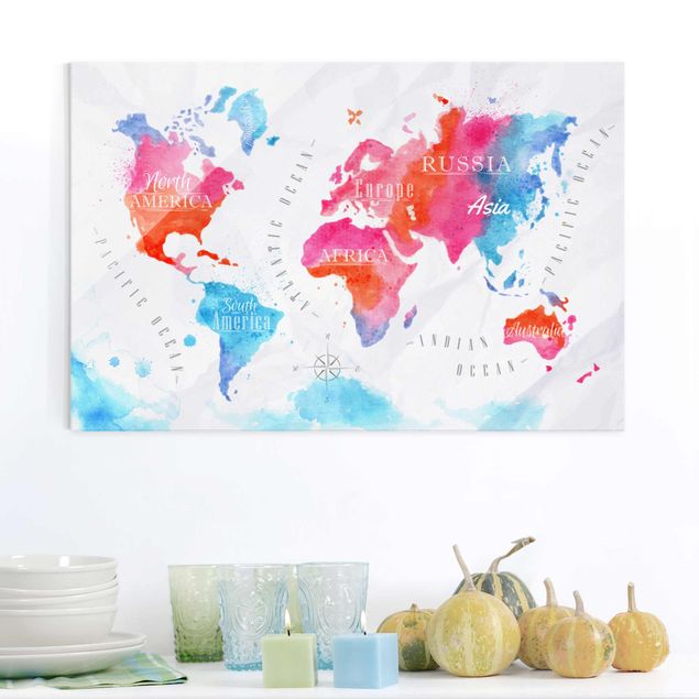 Déco mur cuisine Carte du Monde Aquarelle Rouge Bleu