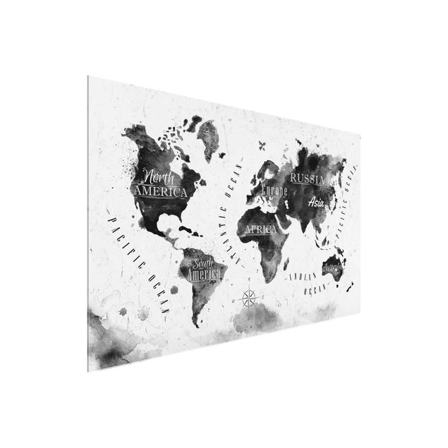 Tableaux en verre noir et blanc Carte du Monde Aquarelle Noir