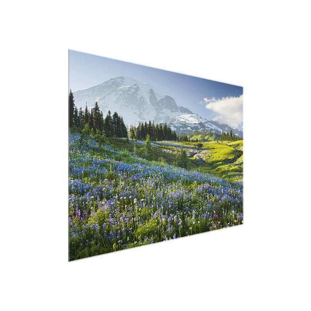 Tableaux montagnes Mountain Meadow With Blue Flowers in Front of Mt. Rainier