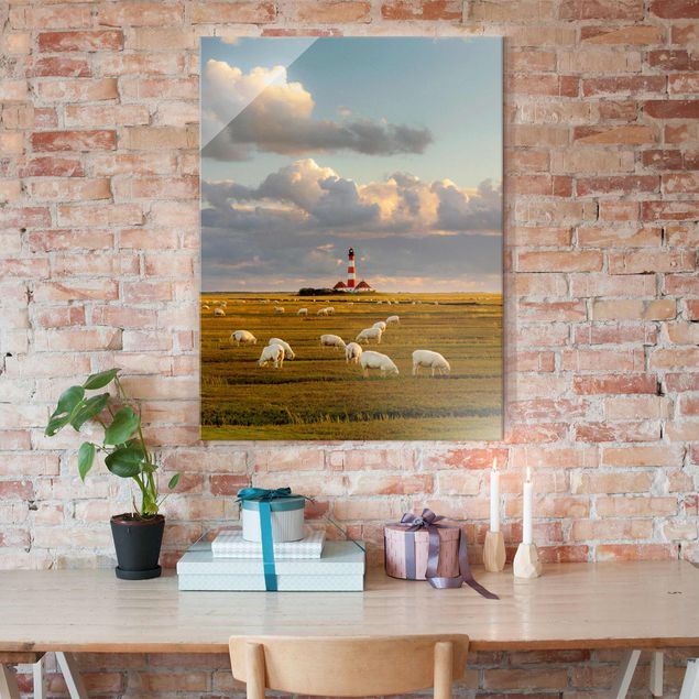 Tableau paysage Phare de la mer du Nord avec un troupeau de moutons