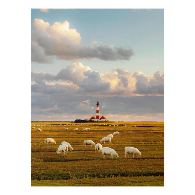 Tableau nature Phare de la mer du Nord avec un troupeau de moutons