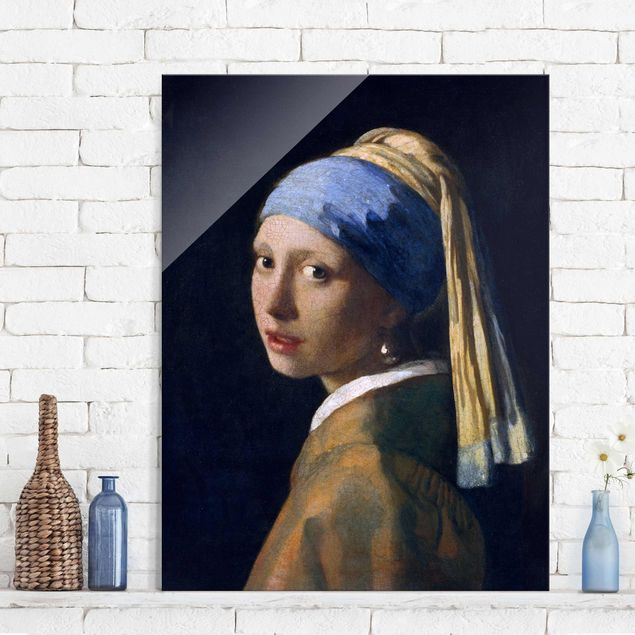 Tableaux en verre magnétique Jan Vermeer Van Delft - Fille avec une boucle d'oreille en perle
