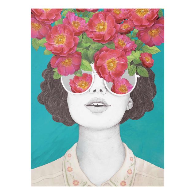 Tableau portraits Illustration Portrait Femme Collage avec Fleurs Lunettes