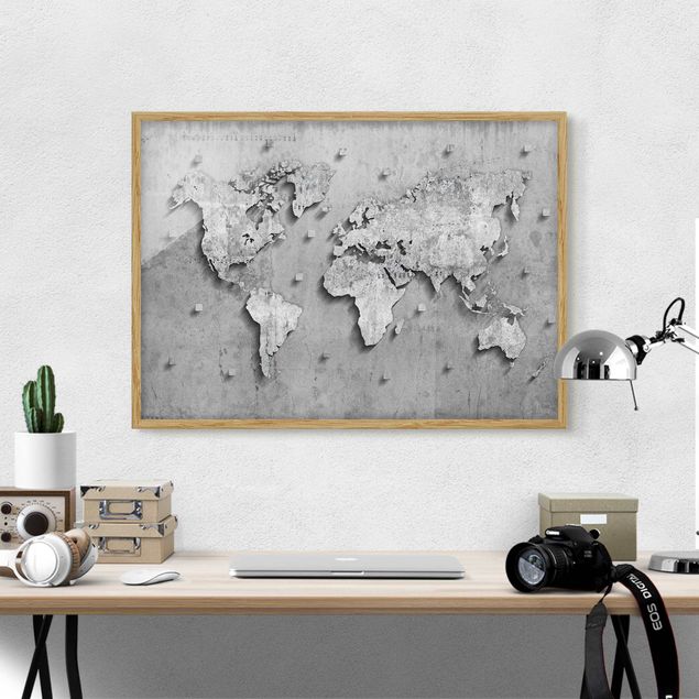 Tableaux encadrés mappemonde Carte du monde en béton
