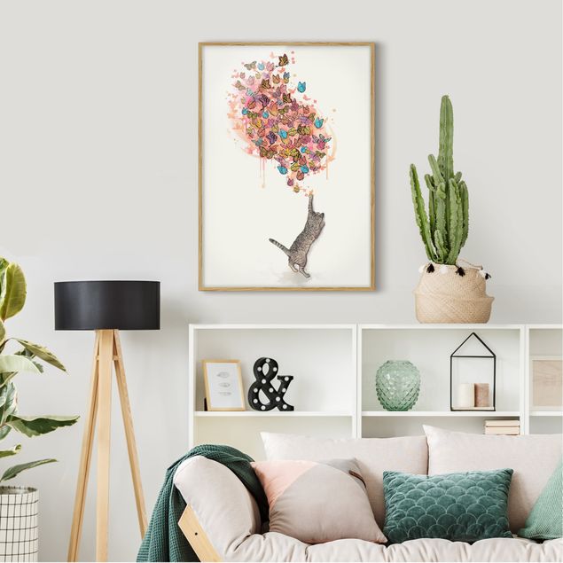 Tableau chat Illustration Chat avec Papillons Colorés Peinture