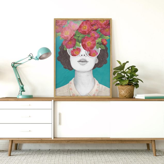 Tableau moderne Illustration Portrait Femme Collage avec Fleurs Lunettes