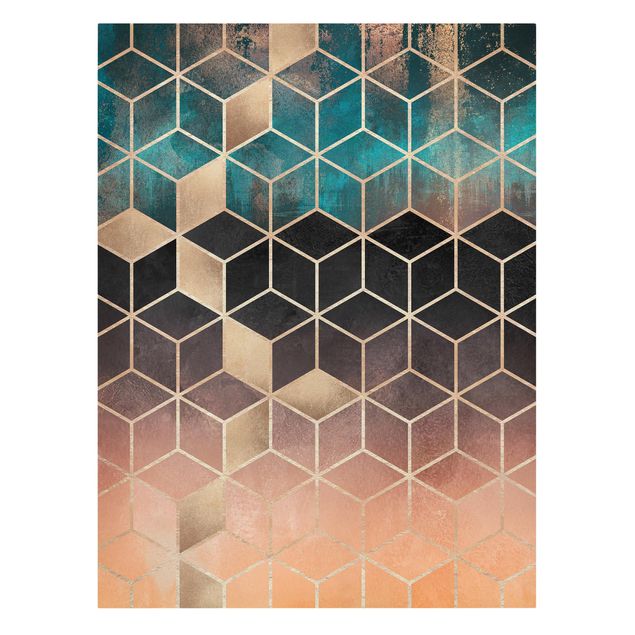 Tableaux 3d Géométrie Turquoise Rosé Doré
