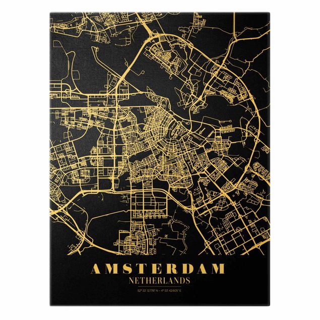 Tableaux toile Plan de ville d'Amsterdam - Noir classique