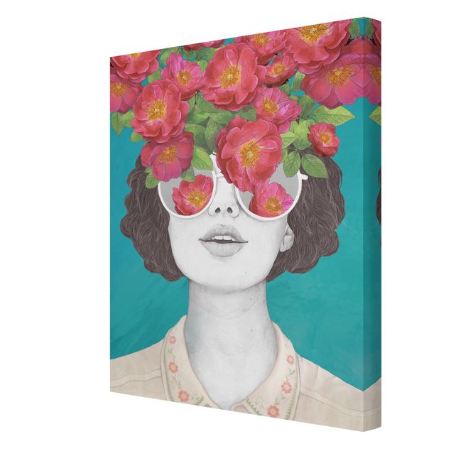 Tableau reproduction Illustration Portrait Femme Collage avec Fleurs Lunettes