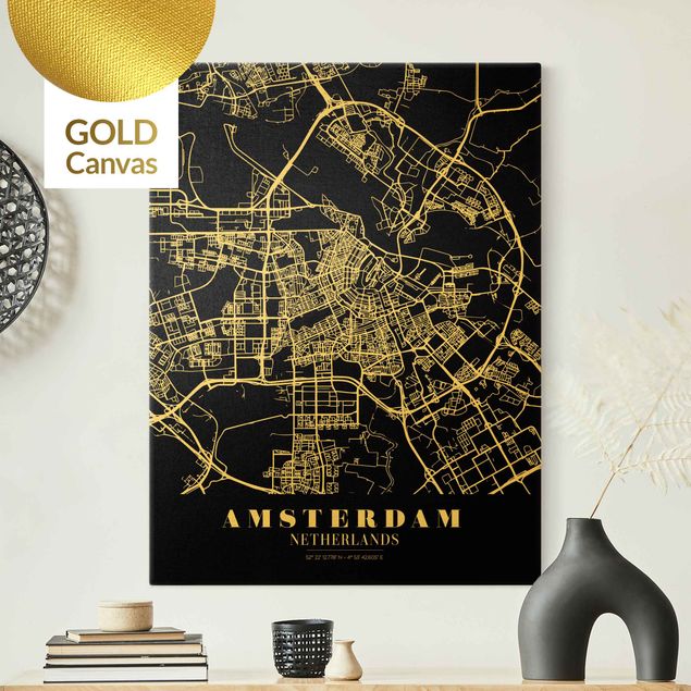 Tableau carte du monde Plan de ville d'Amsterdam - Noir classique