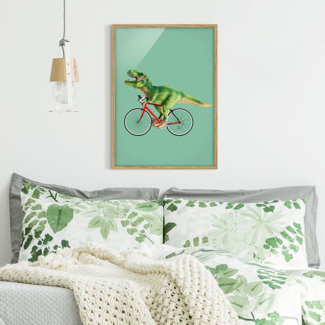 Affiches encadrées animaux Dinosaure avec bicyclette