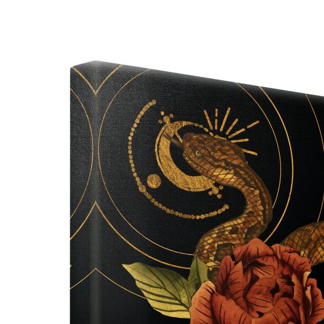 Tableau sur toile or - Snake With Roses Black And Gold I