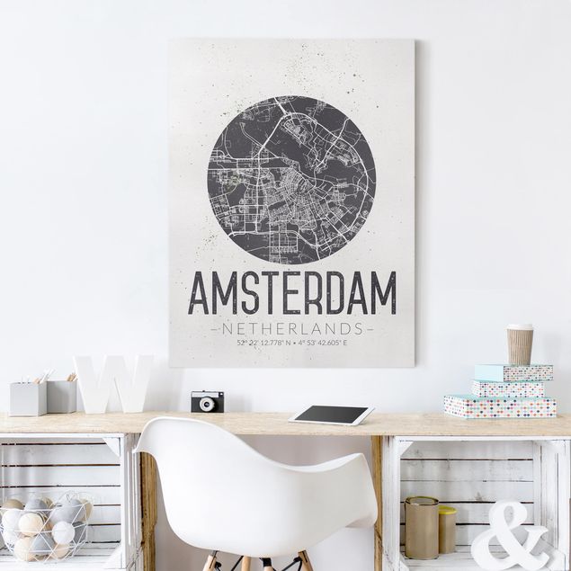 Tableaux sur toile en noir et blanc Plan de ville d'Amsterdam - Rétro