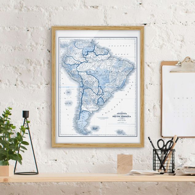 Tableaux encadrés mappemonde Carte dans les tons bleus - Amérique du Sud