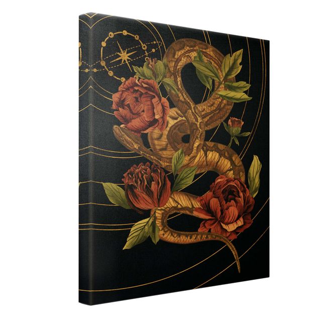 Tableau sur toile or - Snake With Roses Black And Gold IV