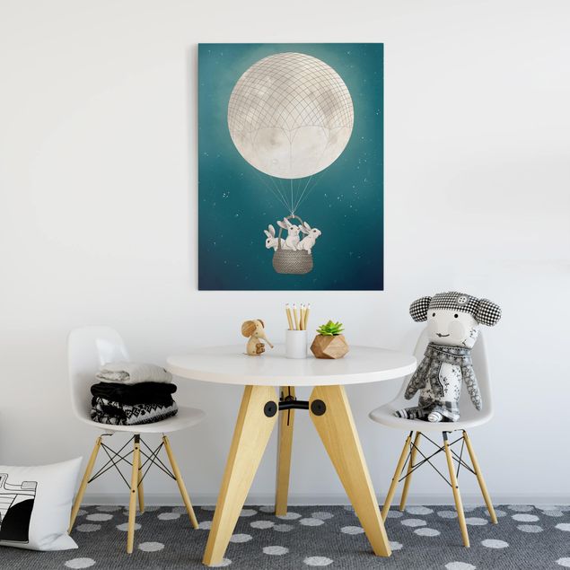 Tableau moderne Illustration Lapins Lune comme Montgolfière Ciel étoilé