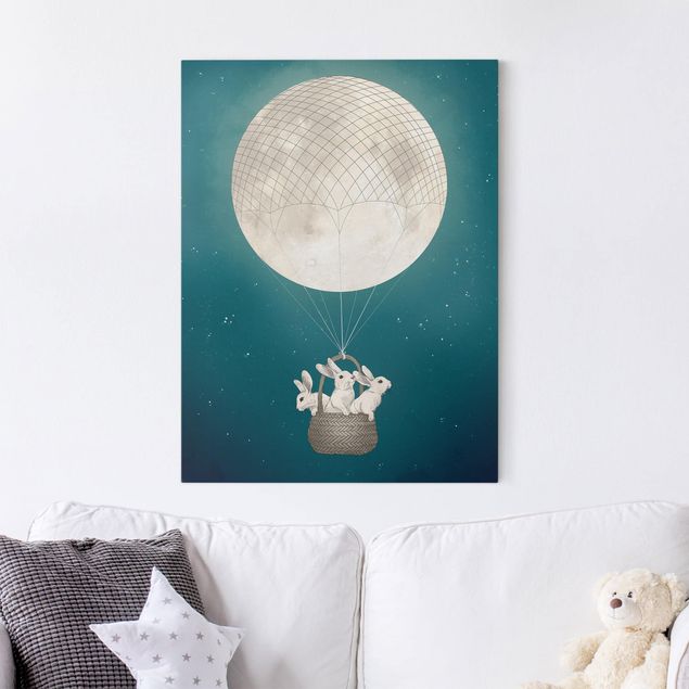 Tableau décoration Illustration Lapins Lune comme Montgolfière Ciel étoilé