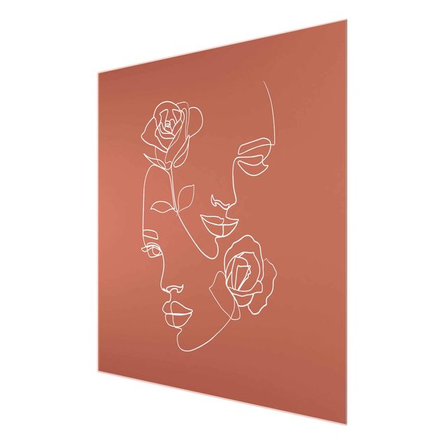 Tableau moderne Line Art Visages Femmes Roses Cuivre