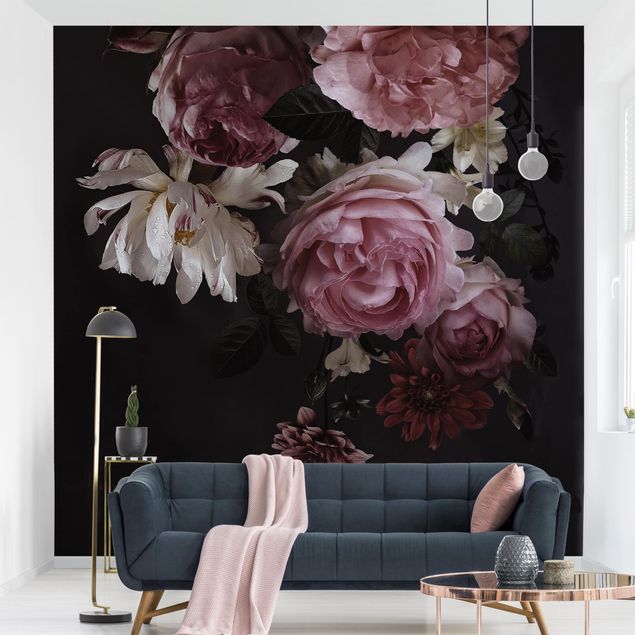Déco mur cuisine Fleurs roses sur fond noir