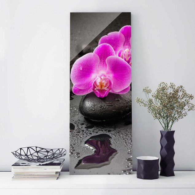 Tableaux en verre orchidée Fleur Orchidée Rose sur Pierres avec Gouttes