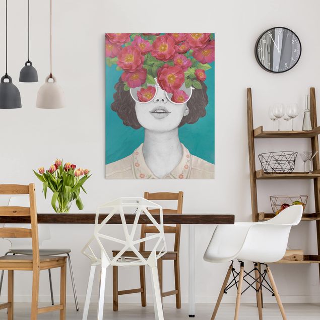 Décorations cuisine Illustration Portrait Femme Collage avec Fleurs Lunettes