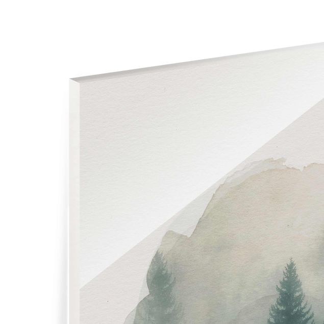 Tableau en verre paysage Aquarelles - Forêt de conifères dans le brouillard
