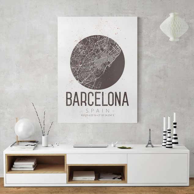 Tableaux sur toile en noir et blanc Plan de ville de Barcelone - Rétro