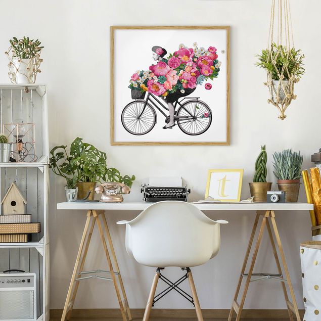 Tableaux encadrés fleurs Illustration Femme à Bicyclette Collage Fleurs Colorées