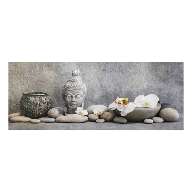 Tableau spirituel Bouddha zen avec orchidées blanches