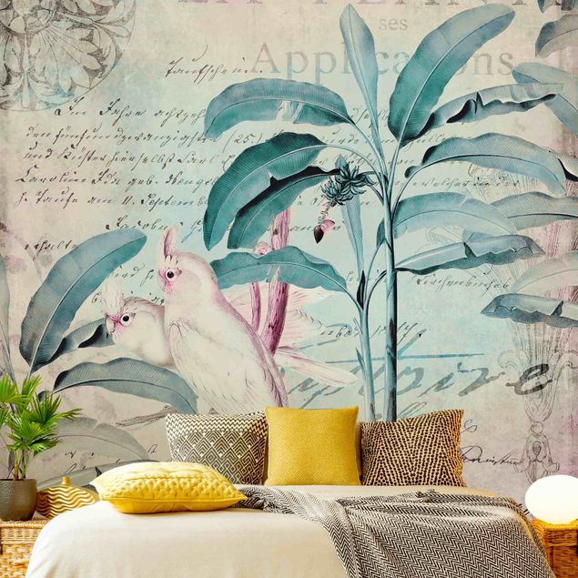 papier peint fleuri Colonial Style Collage - Cacatoès et Palmiers