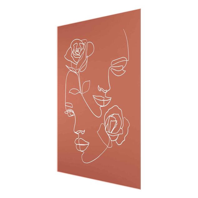 Tableau moderne Line Art Visages Femmes Roses Cuivre