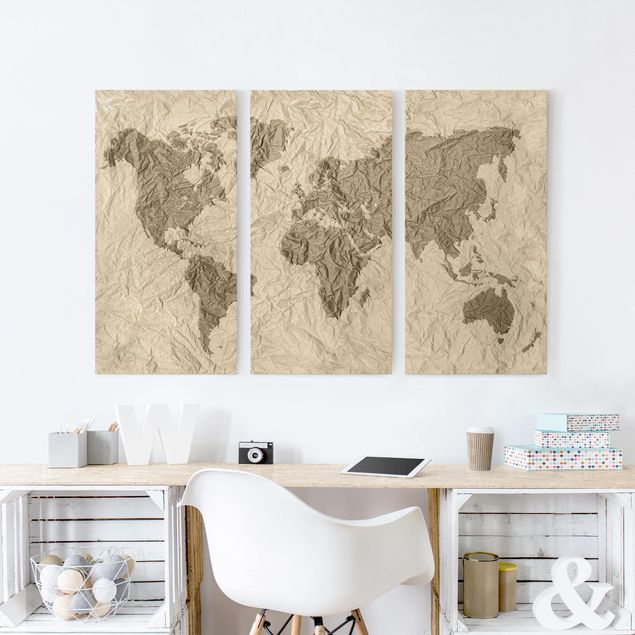 Tableau montagne Carte du Monde en Papier Beige Marron