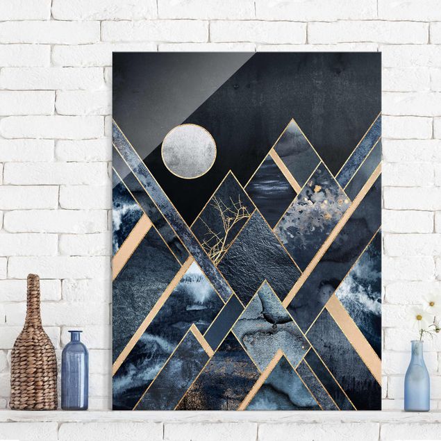 Tableaux de Elisabeth Fredriksson Lune dorée Montagnes noires abstraites