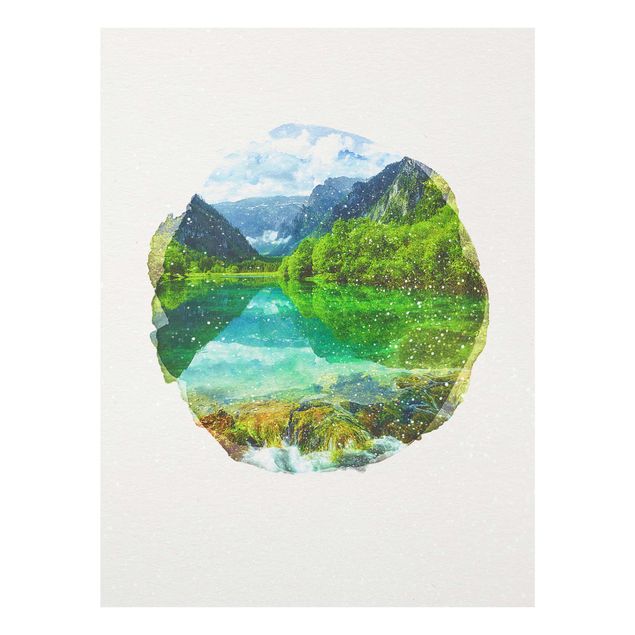 Tableau verre montagne Aquarelles - Lac de montagne avec reflet d'eau