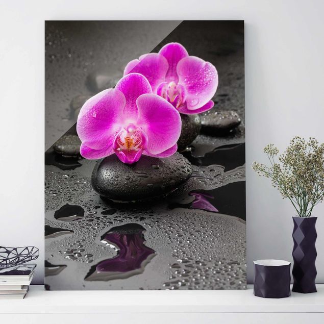 Tableaux en verre orchidée Fleur Orchidée Rose sur Pierres avec Gouttes
