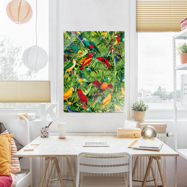 Tableaux en verre fleurs Collage coloré - Perroquets dans la jungle