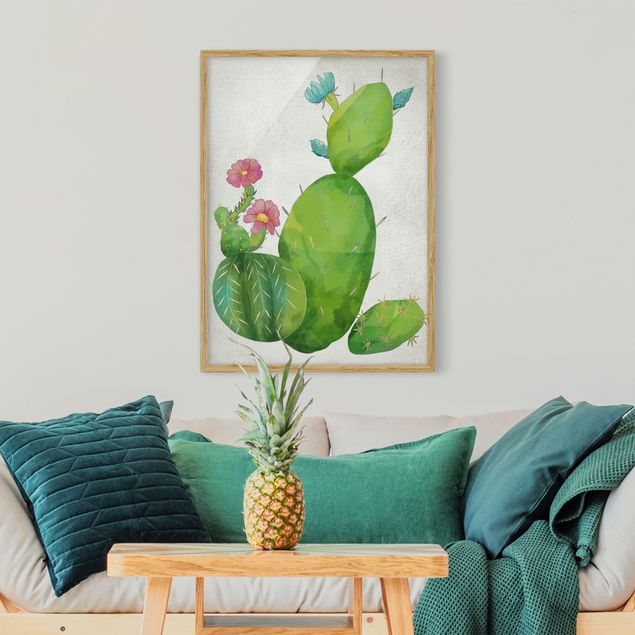 Tableaux encadrés fleurs Famille de cactus en rose et turquoise