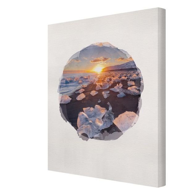 Tableaux moderne Aquarelles - Morceaux de glace sur la plage Islande