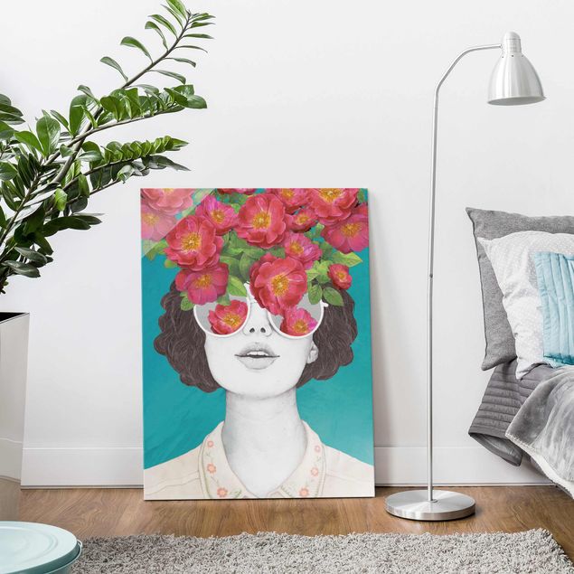 Tableaux en verre roses Illustration Portrait Femme Collage avec Fleurs Lunettes