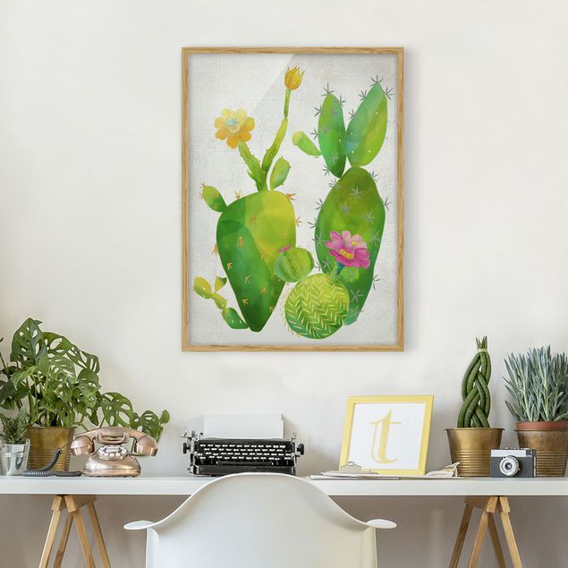 Tableaux encadrés fleurs Famille de cactus en rose et jaune