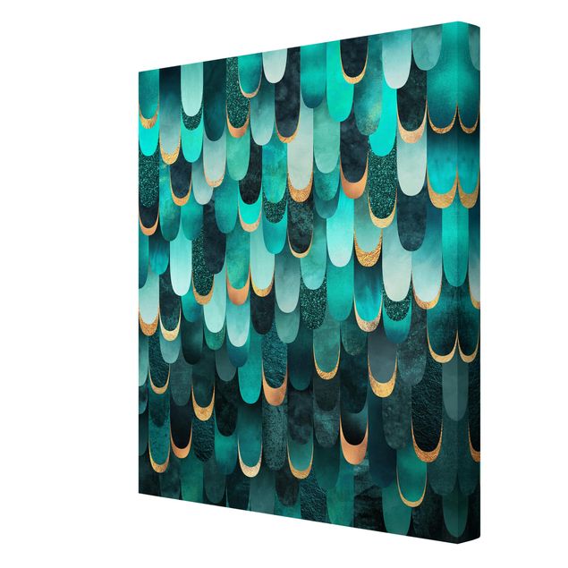 Tableau turquoise Plumes Or Turquoise