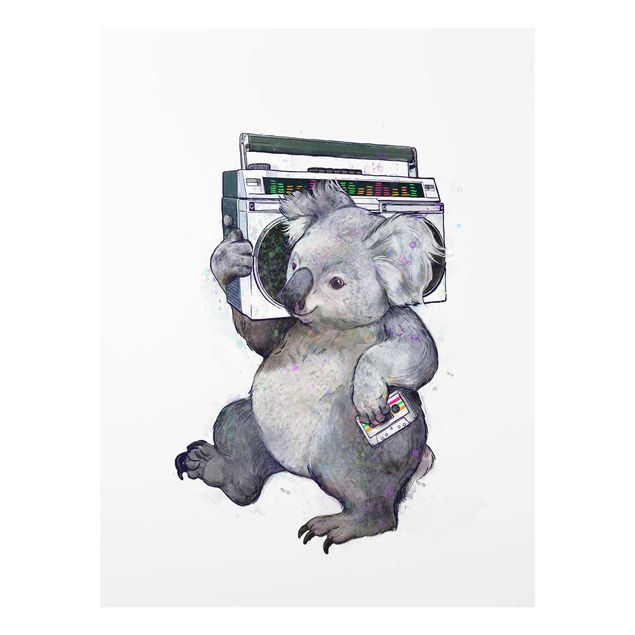 Tableau verre montagne Illustration Koala avec Radio Peinture