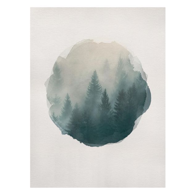 Tableaux nature Aquarelles - Forêt de conifères dans le brouillard