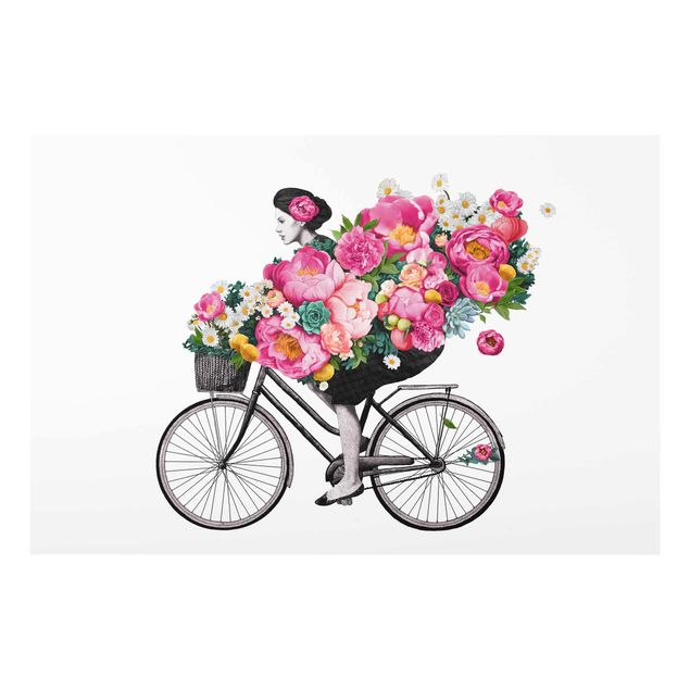 Tableau fleurs Illustration Femme à Bicyclette Collage Fleurs Colorées
