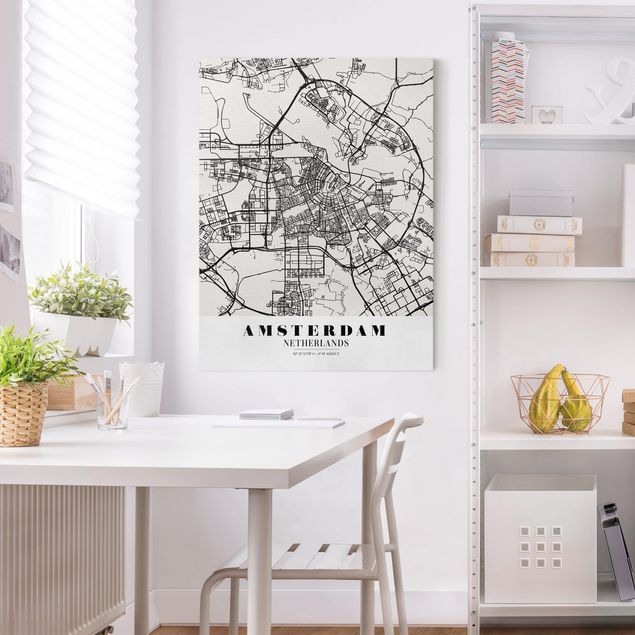 Tableaux sur toile en noir et blanc Plan de ville d'Amsterdam - Classique