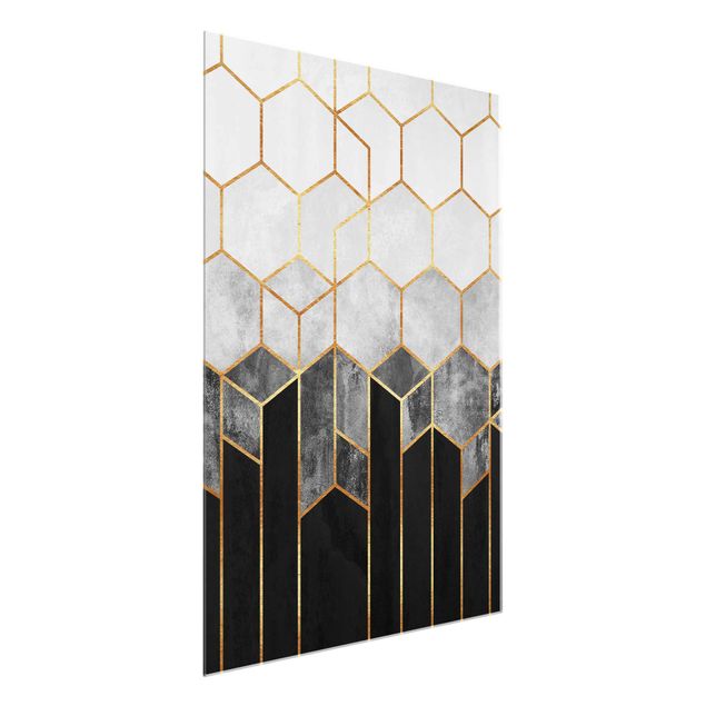 Tableaux en verre abstraits Hexagones d'or noir et blanc